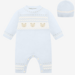 Kristian Blue Kniited Babygrow with Bear Print & Hat