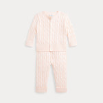 Ralph Lauren Baby Girls Pink Cotton Cable Knit Trouser Set | Casa Childrenswear