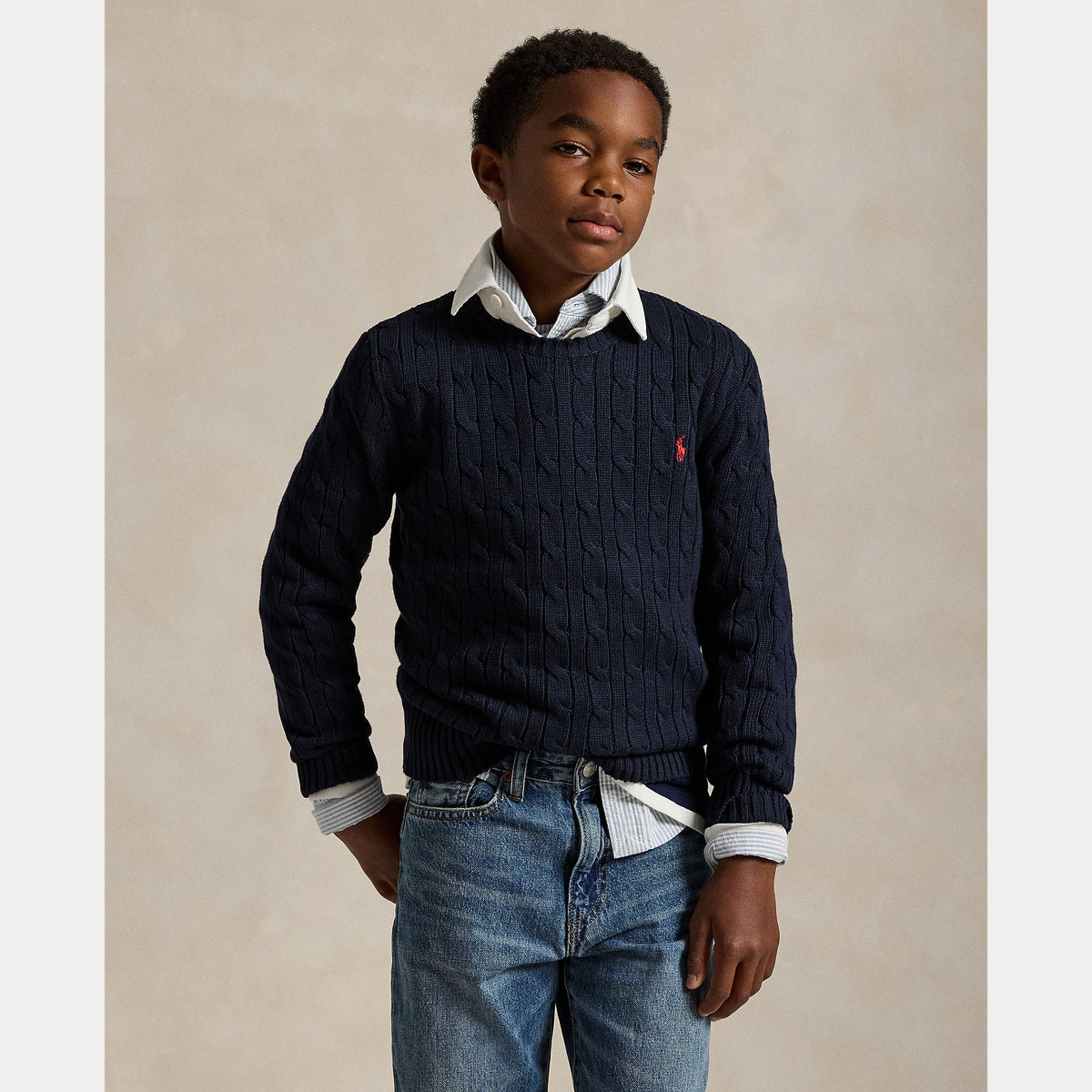 Boys Navy Cotton Cable Sweater